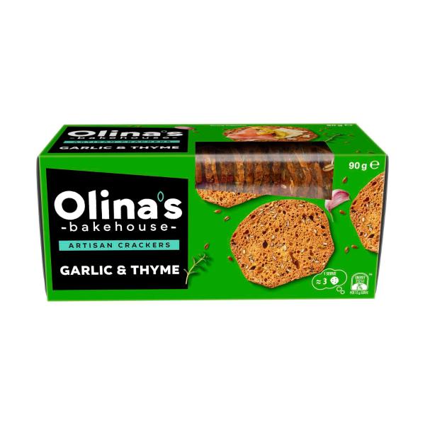 OLINA'S ARTISAN CRACKERS:THYME & GARLIC:.:90 GRAM