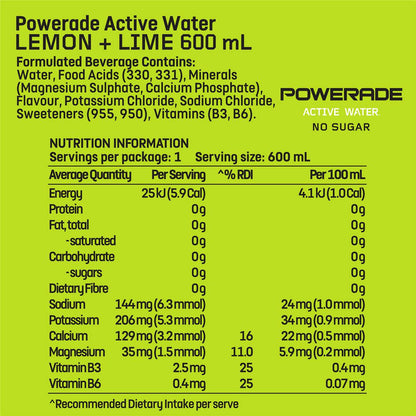 Powerade Active Water Lemon Lime Sports Drink Sipper Cap 600mL