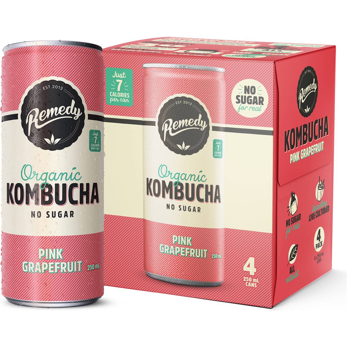 Remedy Organic Kombucha Pink Grapefruit 250mL x 4 pack