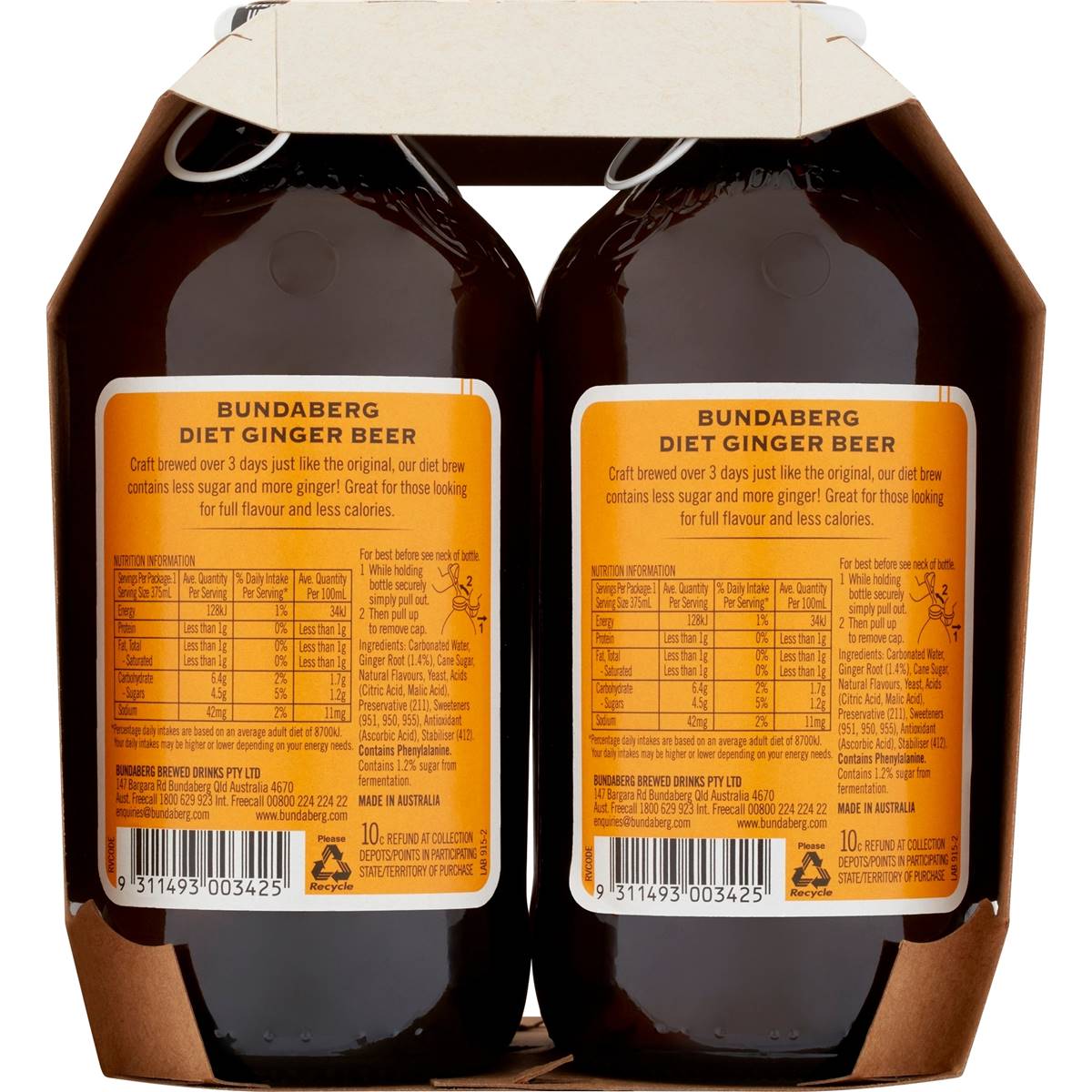 Bundaberg Diet Ginger Beer 375ml x4 Pack