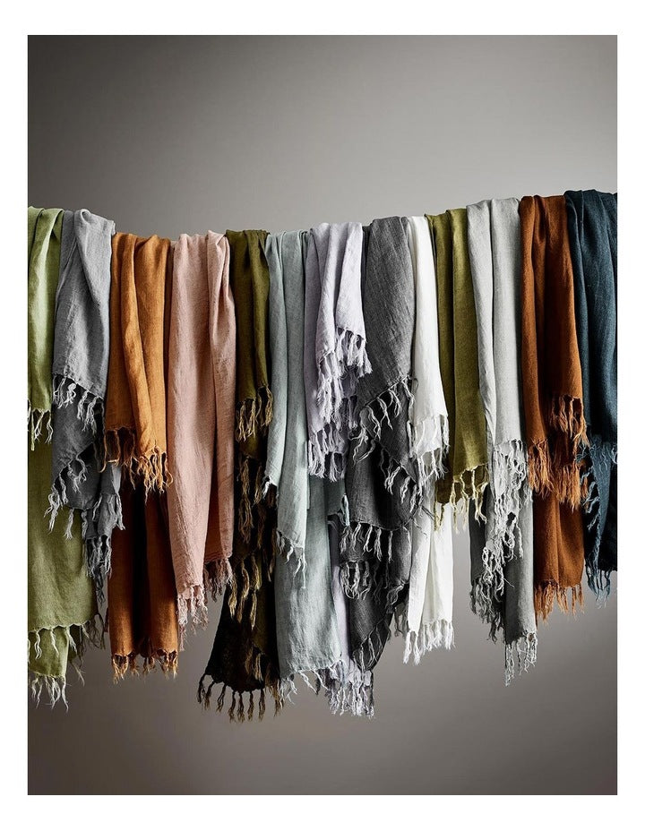 Vintage Linen Fringe Throw in Dusk