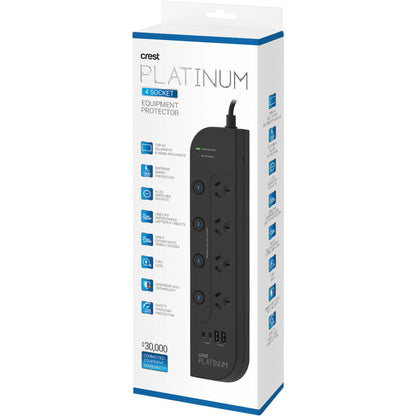 Crest Platinum 4 Socket Switched Power Board USB PD 65W Equipment Protector