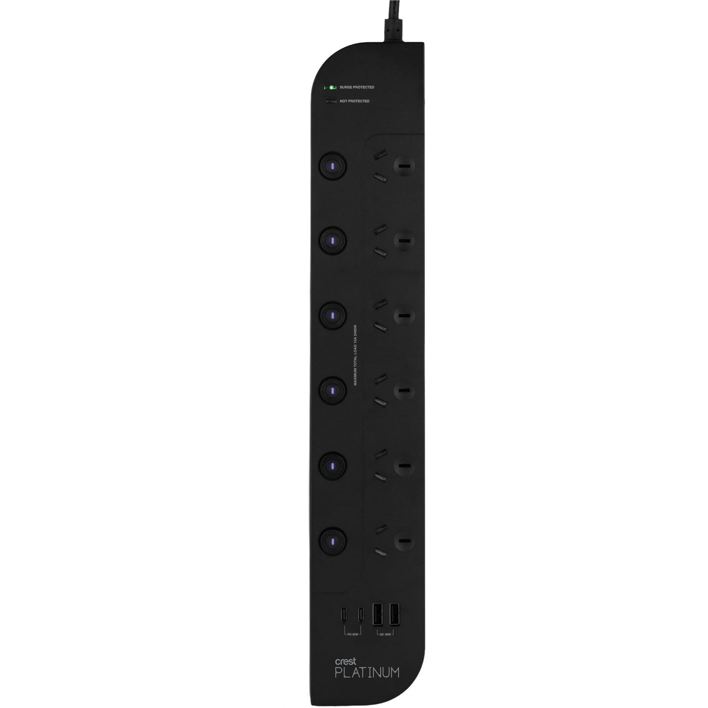 Crest Platinum 6 Socket Switched Power Board USB PD 65W Equipment Protector