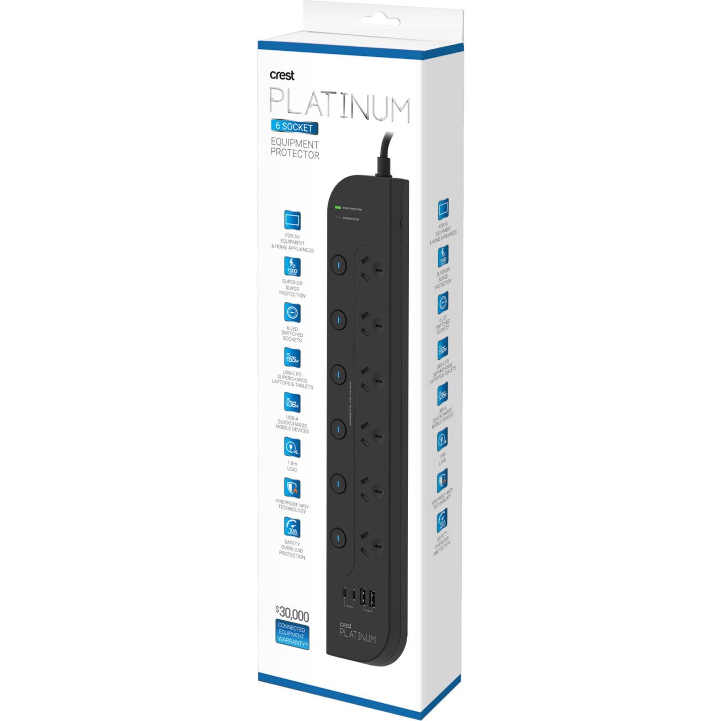 Crest Platinum 6 Socket Switched Power Board USB PD 65W Equipment Protector