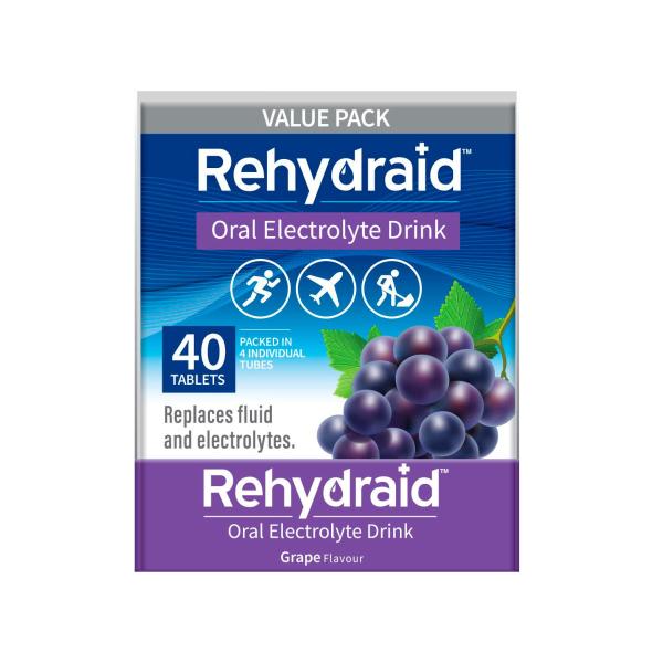 REHYDRAID ELECTROLYTE EFFERVESCENT TABLETS GRAPE 40PK
