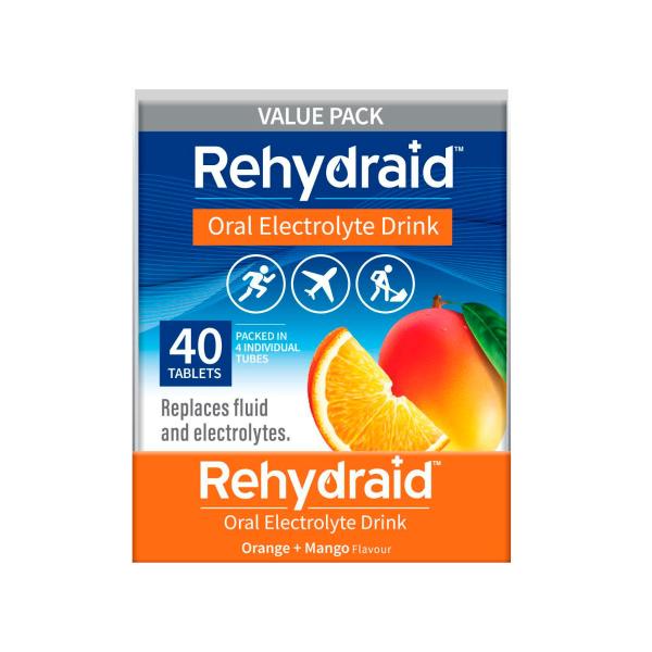 REHYDRAID ELECTROLYTE EFFERVESCENT TABLETS ORANGE AND MANGO 40 PK