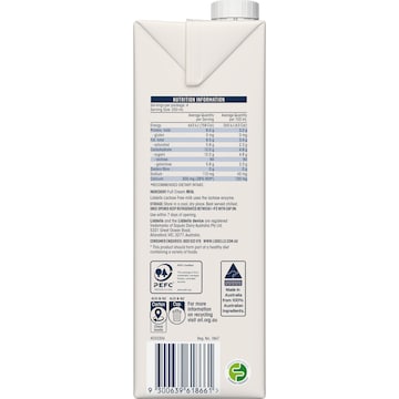 Liddells Lactose Free Full Cream Long Life Milk UHT 1L