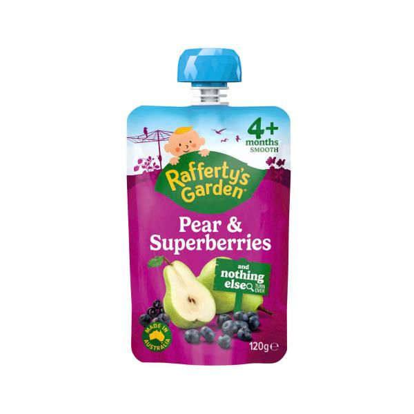 RAFFERTY'S GARDEN BABY FOOD POUCH PEAR & SUPERBERRIES AND NOTHING ELSE 4+ MONTHS 120G