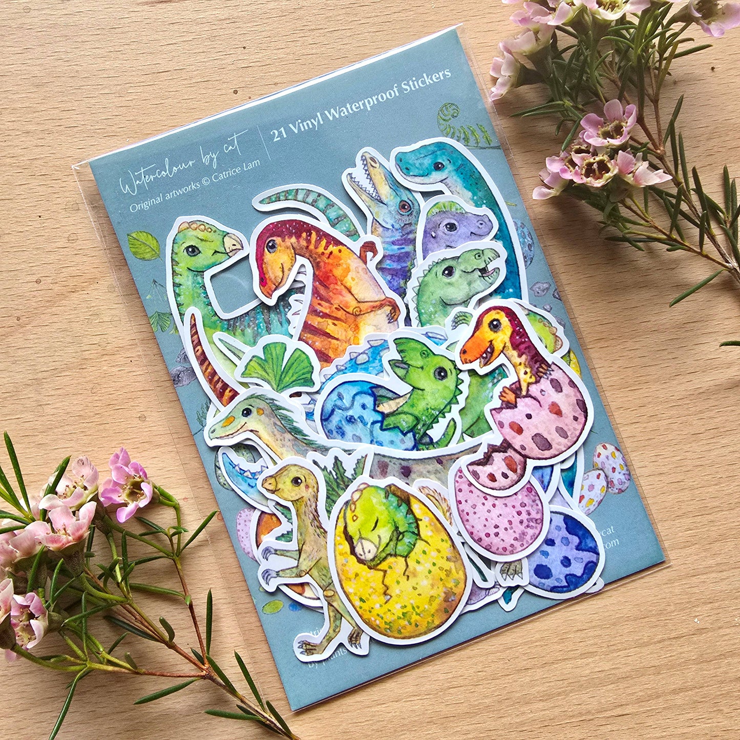 Australian Dinosaur Small Vinyl Waterproof Sticker 21pcs FULL pack by Watercolour By Cat Original Artworks