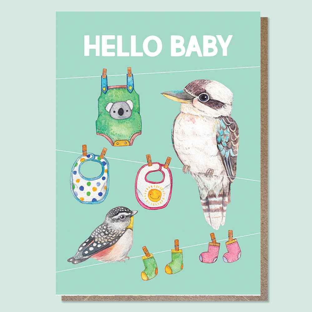 Hello Baby Kookaburra Bird Card by Watercolour By Cat Newborn Baby Card