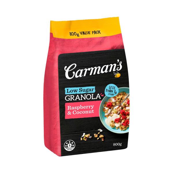 CARMANS LOW SUGAR CEREAL RASPBERRY & COCONUT GRANOLA 800G