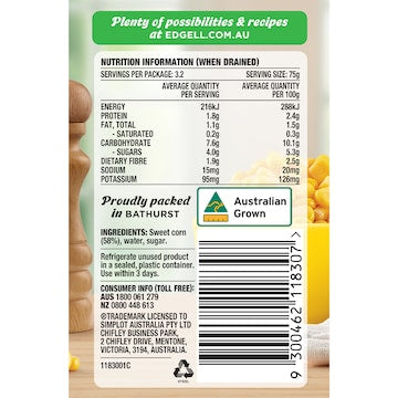 Edgell Australian Grown Sweet Corn Kernels No Added Salt 420g