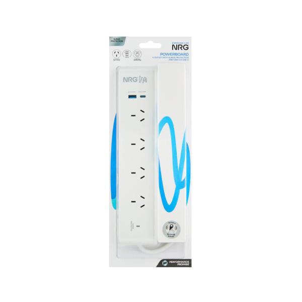 NRG POWERBOARD 4 OUTLET WITH SURGE PROTECTION AND USB-A & USB-C