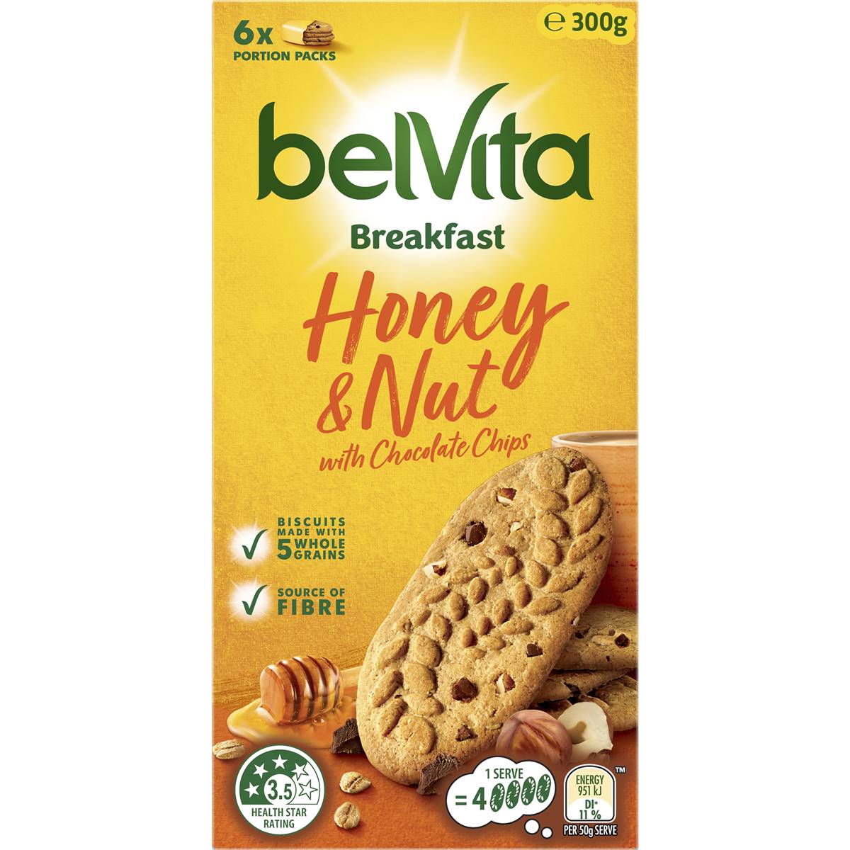 Belvita Breakfast Biscuits Honey & Nut With Chocolate Chips 6 Pack 300g