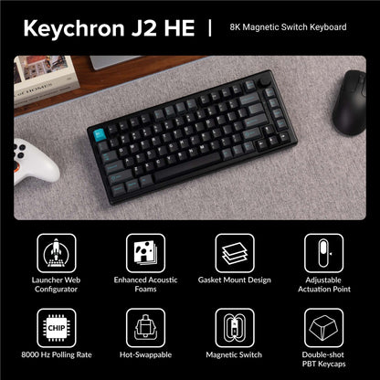 Keychron J2 HE 8K Wired Magnetic Switch Keyboard - Ultra-Fast Lime Magnetic Switch (Black)