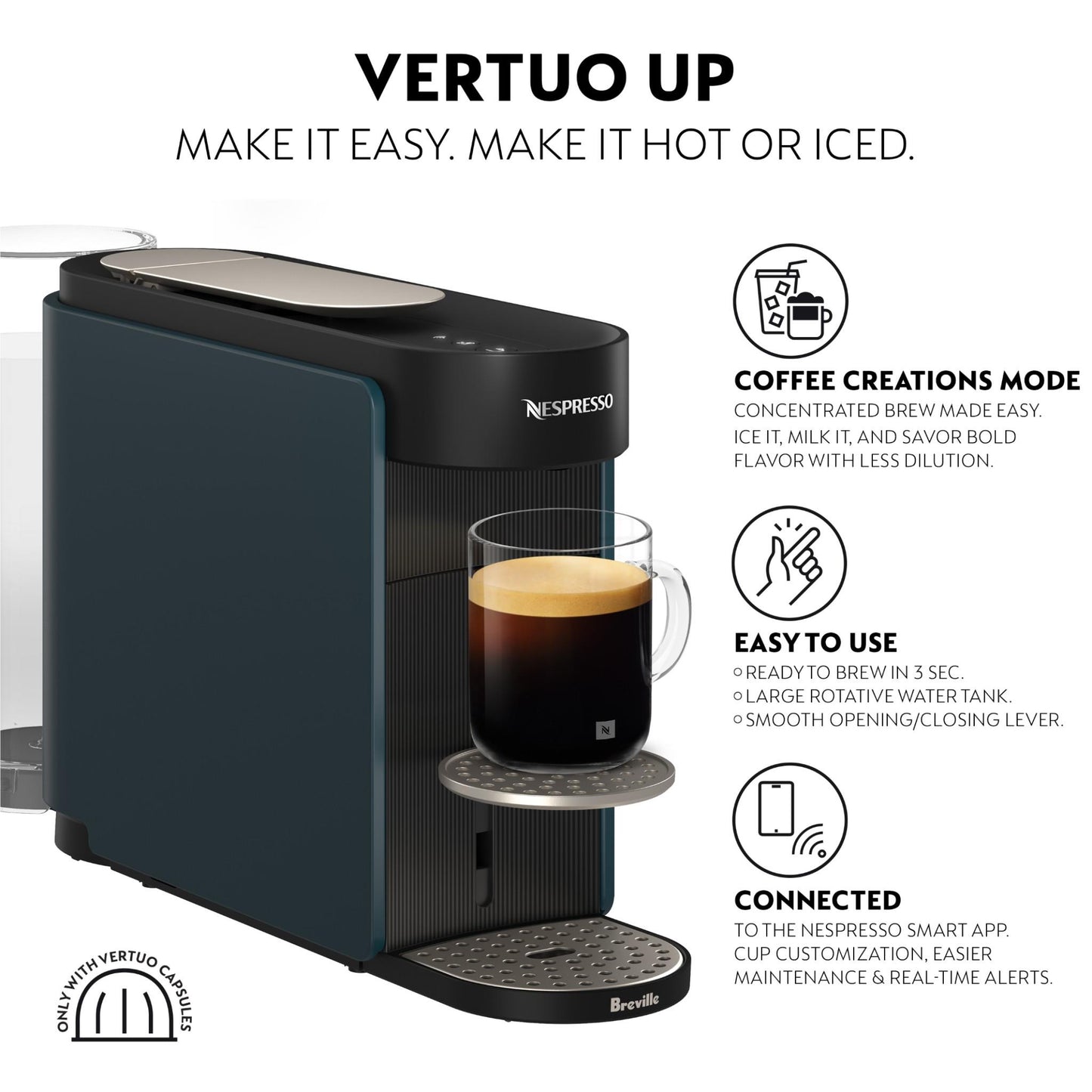 Breville Nespresso BNV620BLU Vertuo Up Coffee Machine (Ocean Blue)