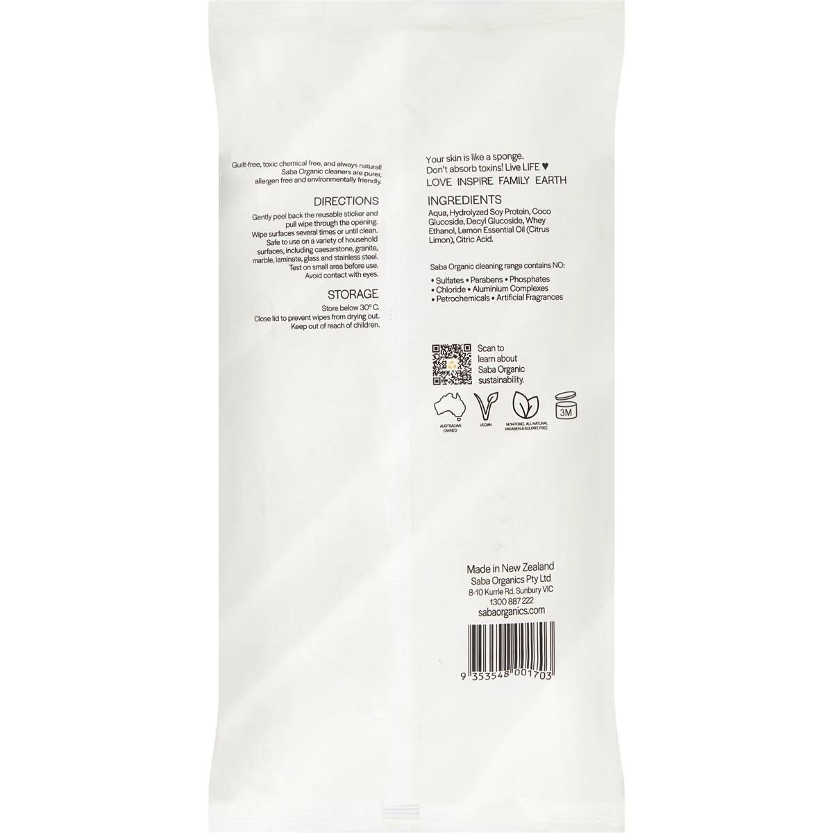 Saba Organics Multi Purpose Wipes Lemon Burst 120 Pack