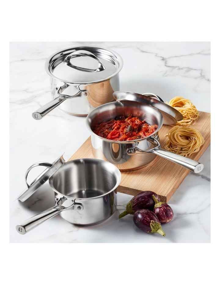 Per Vita Copper Base Stainless Steel Induction 3 Piece Covered Saucepan Set
