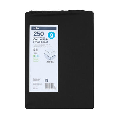 250 Thread Count Cotton Rich Fitted Sheet - Queen Bed, Black