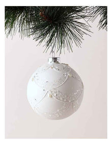 Luxe Christmas Glass Lace Grid withPearls Bauble in White
