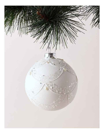 Luxe Christmas Glass Lace Grid withPearls Bauble in White