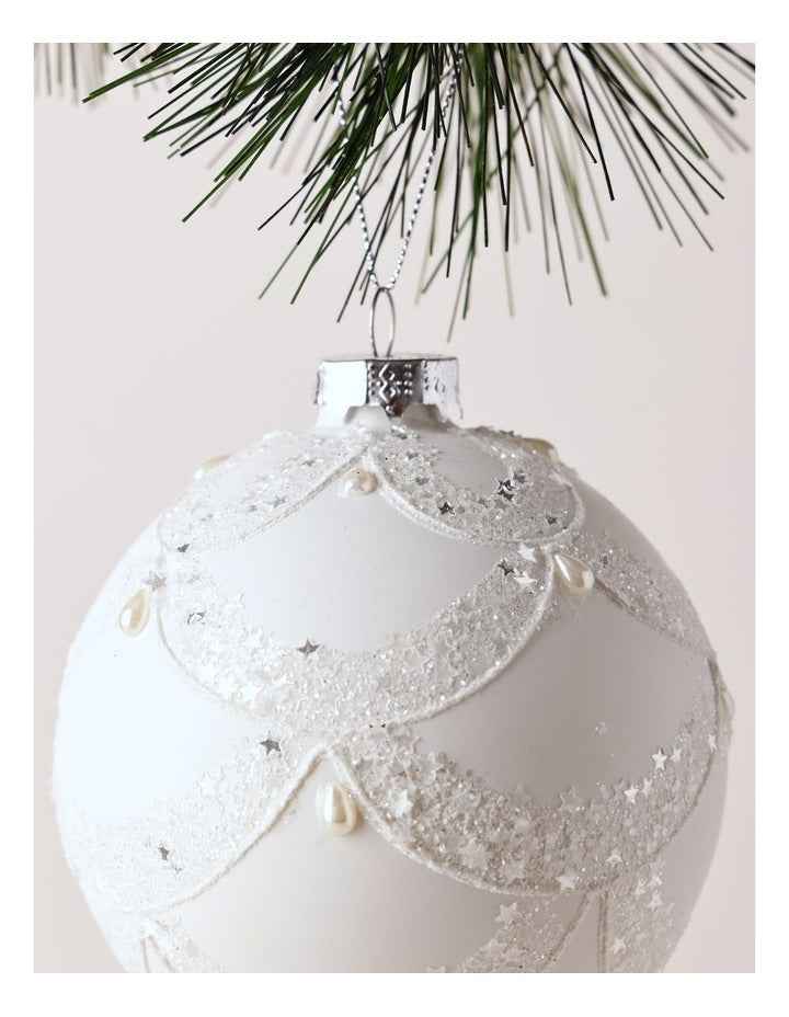 Luxe Christmas Glass Lace Grid withPearls Bauble in White