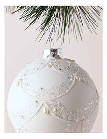 Luxe Christmas Glass Lace Grid withPearls Bauble in White