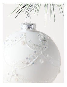 Luxe Christmas Glass Lace Grid withPearls Bauble in White