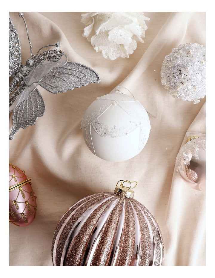 Luxe Christmas Glass Lace Grid withPearls Bauble in White
