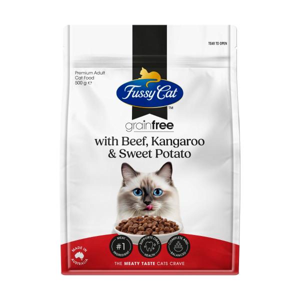 FUSSY CAT GRAIN FREE ADULT DRY CAT FOOD BEEF & KANGAROO WITH SWEET POTATO 500G