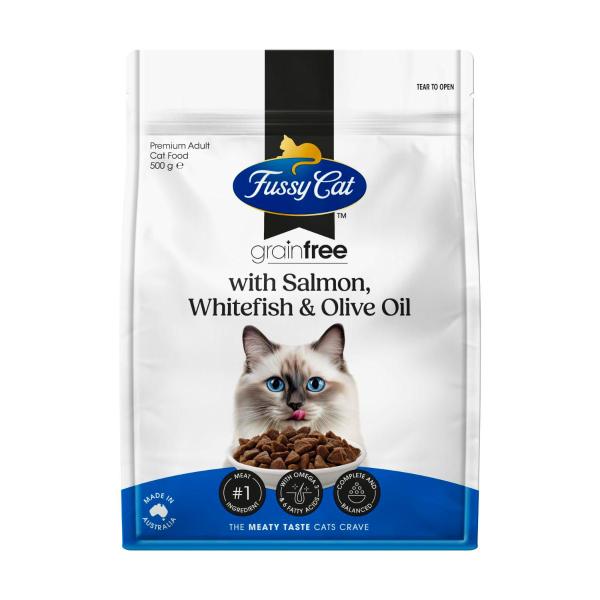 FUSSY CAT GRAIN FREE SALMON & OCEANFISH WITH OLIVE OIL DRY CAT FOOD 500G