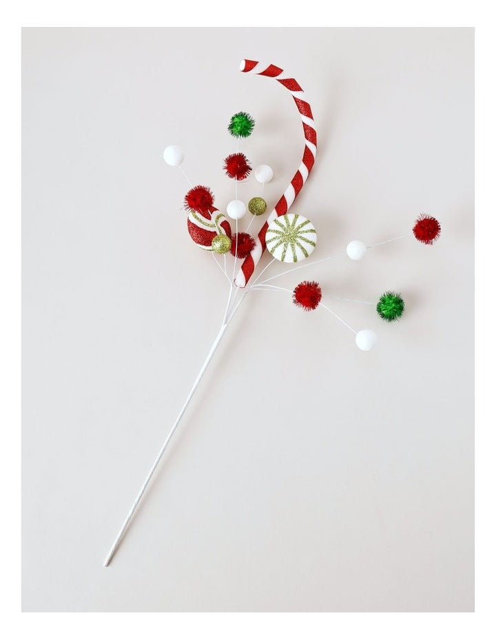 Nostalgia Christmas Candy Cane & Pompom Spray Pick 50cm in Multi
