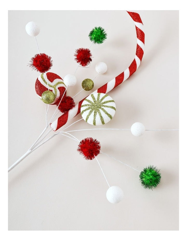 Nostalgia Christmas Candy Cane & Pompom Spray Pick 50cm in Multi