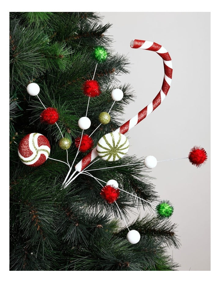Nostalgia Christmas Candy Cane & Pompom Spray Pick 50cm in Multi