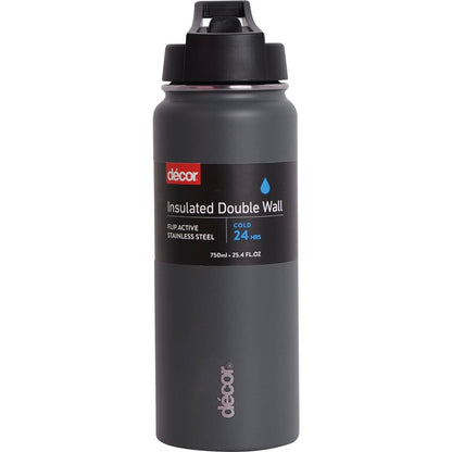 Decor Flip Active Double Wall Water Drink Bottle 750mL Assorted each