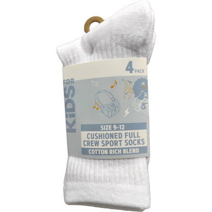 For Kids Full Crew Cushioned Sports Socks Size 9-12 4 pack