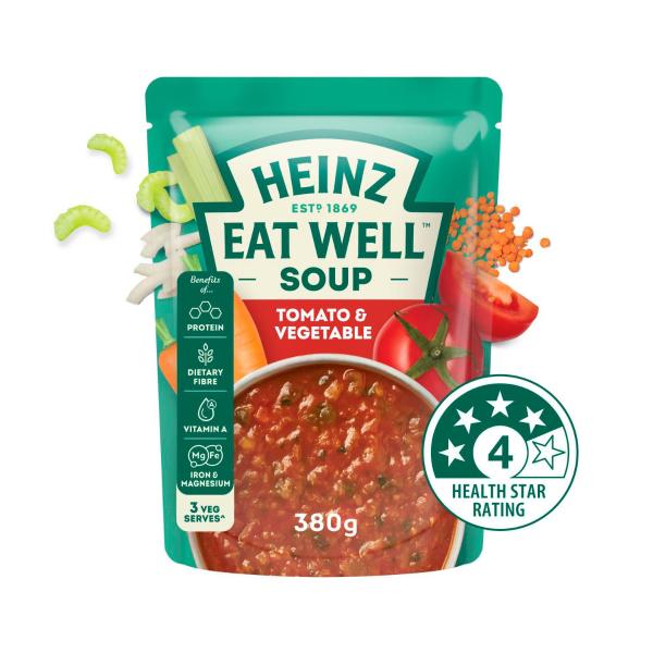 HEINZ EAT WELL TOMATO & VEGETABLE SOUP POUCH 380G