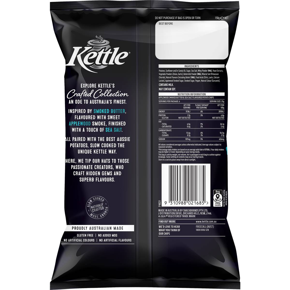 Kettle Crafted Collection Applewood Smoked Butter & Salt Chips 150g