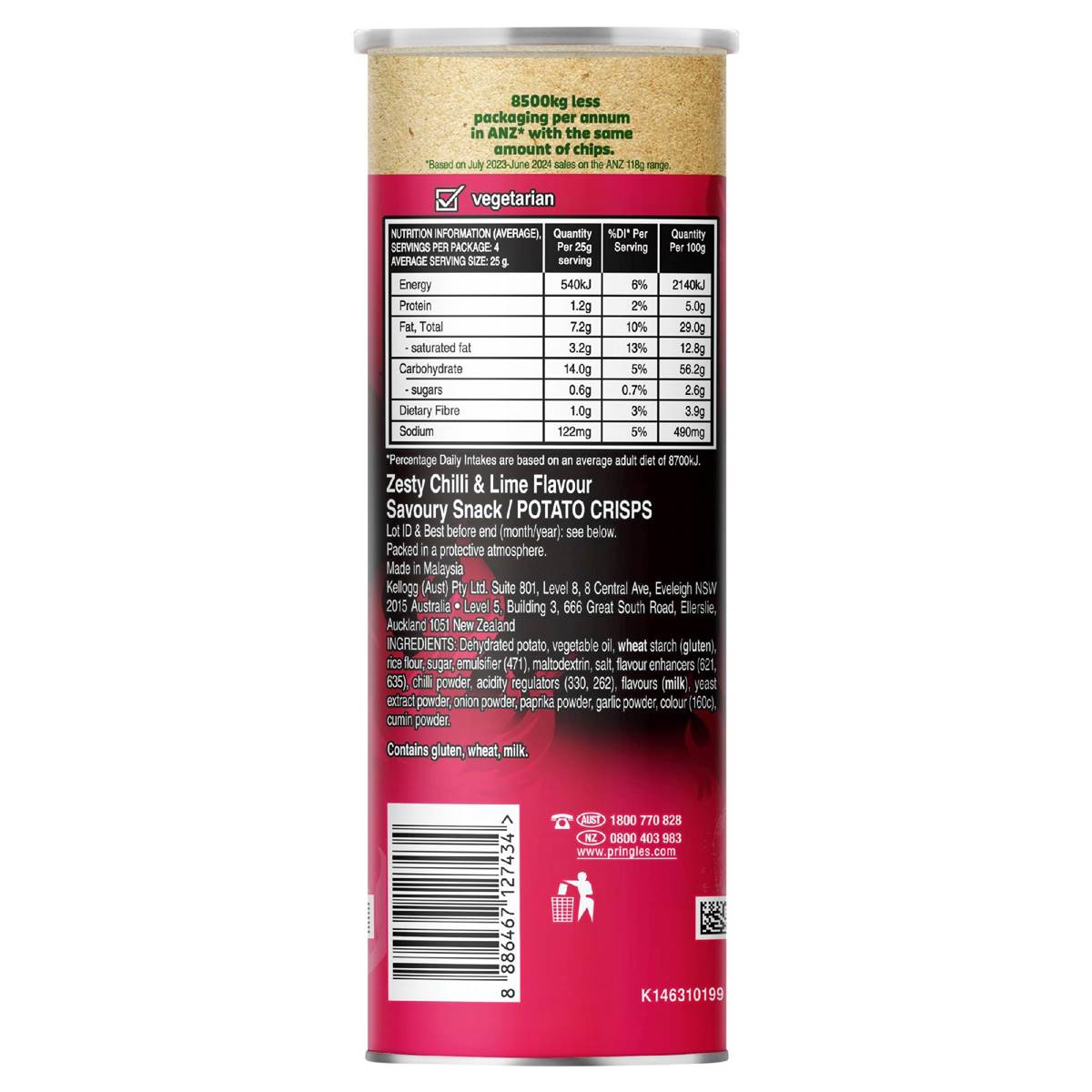 Pringles Zesty Chilli & Lime Flavour Stacked Potato Chips 5 Pack 118g