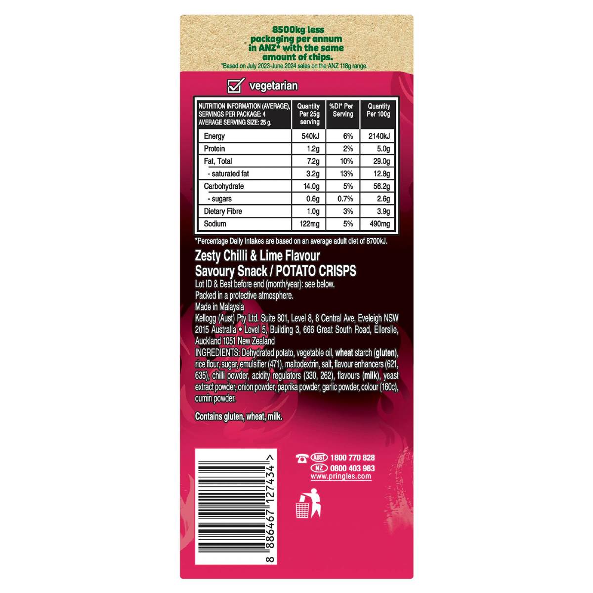 Pringles Zesty Chilli & Lime Flavour Stacked Potato Chips 5 Pack 118g