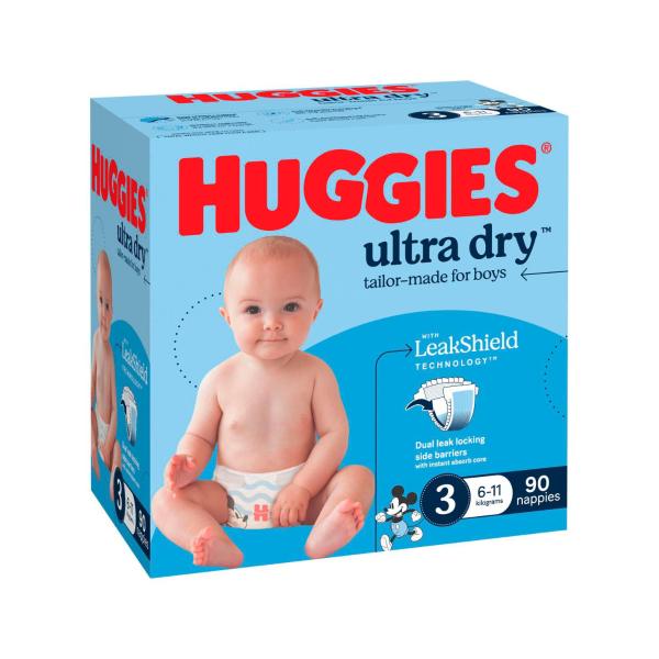 HUGGIES ULTRA DRY NAPPIES BOY CRAWLER SZ3 JUMBO 90 PACK