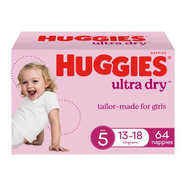 HUGGIES ULTRA DRY NAPPIES GIRLS SIZE 5 (13-18KG) 64 PACK