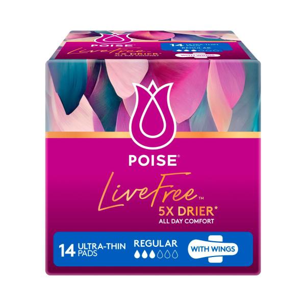 POISE LIVE FREE PADS REGULAR WITH WINGS 14 PACK
