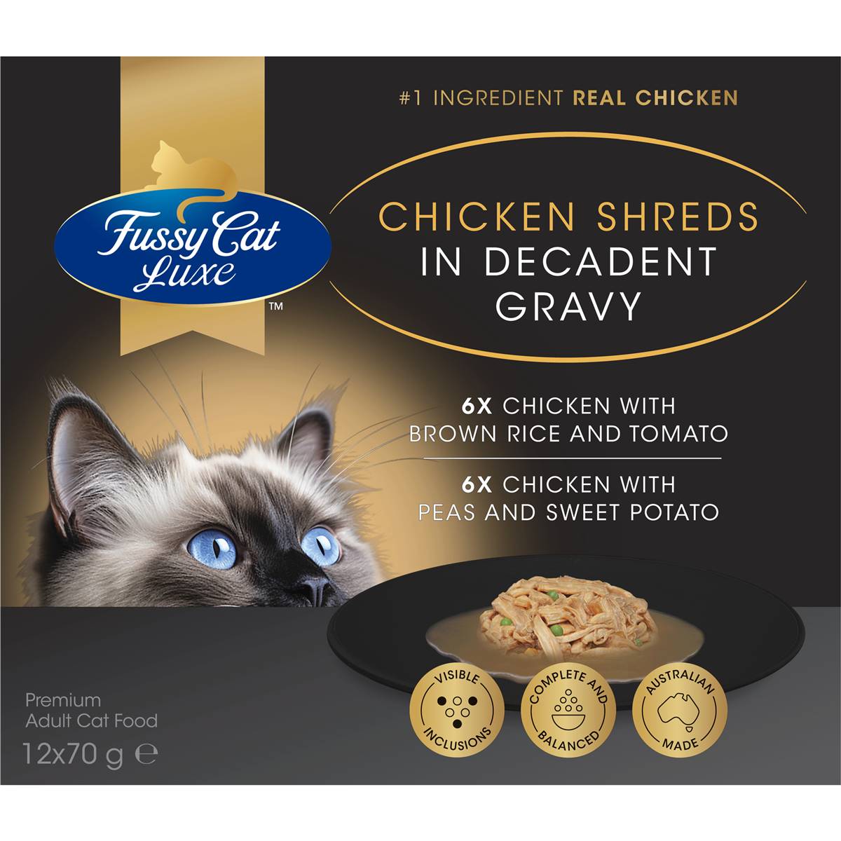 Fussy Cat Chicken Shreds In Decadent Gravy Wet Cat Food 70g x 12 pack