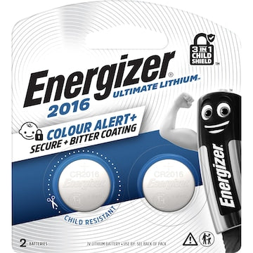 Energizer CR2016 Ultimate Lithium Coin Battery 3-In-1 Child Shield 2 pack