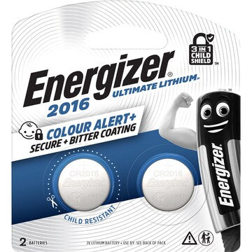 Energizer CR2016 Ultimate Lithium Coin Battery 3-In-1 Child Shield 2 pack