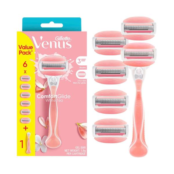GILLETTE VENUS COMFORT GLIDE WHITE TEA RAZOR KIT WITH 6 BLADES 1PK