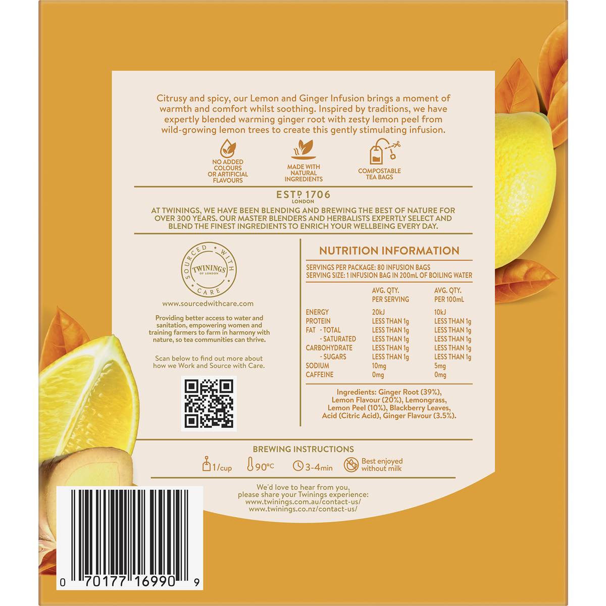 Twinings Tea Bags Lemon & Ginger 80 Pack