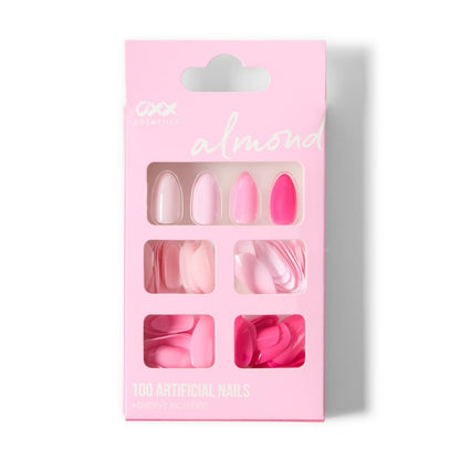 OXX Cosmetics 100 Pack Artificial Nails with Adhesive - Almond Shape, Pink