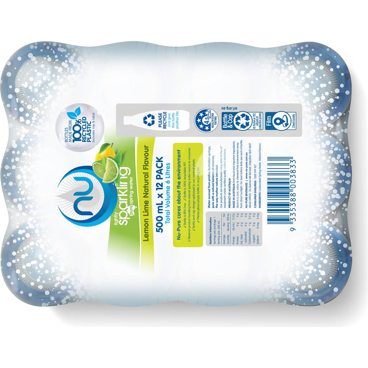 Nu Pure Lightly Sparkling Water Lemon Lime Natural Flavour 500mL x 12 pack